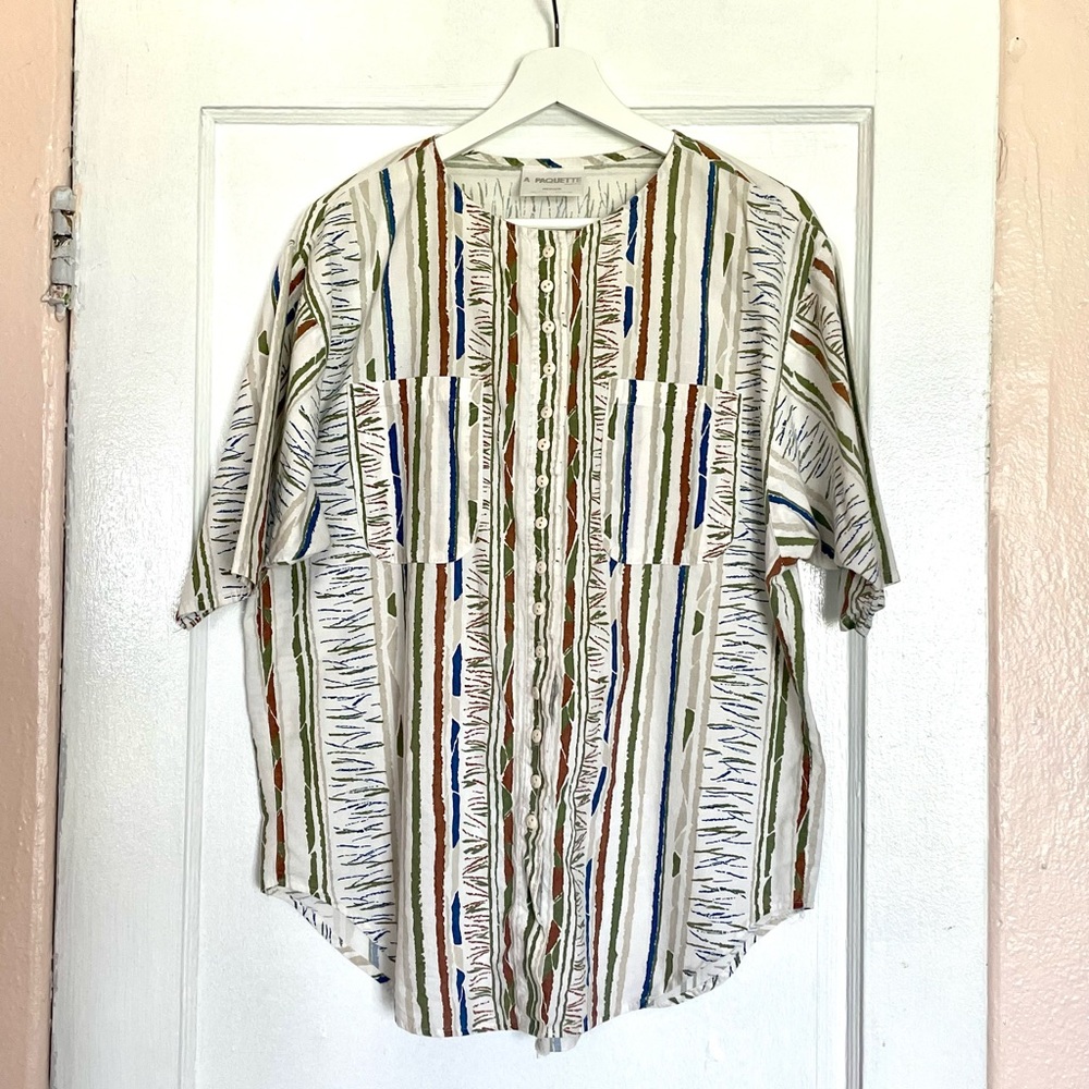 Vintage Patterned Button-Up Shirt With Pockets